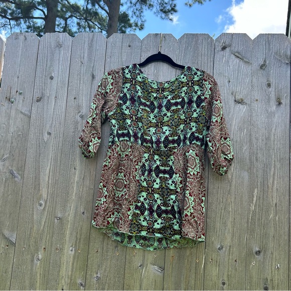 One World‎ Women’s Petite Small Fairy Boho Printed 3/4 Sleeve Peasant Blouse - Picture 8 of 9